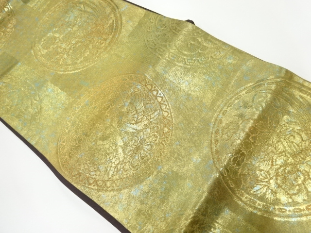 リサイクル　青銅箔絵皿に花鳥模様織出し袋帯（サービス品）